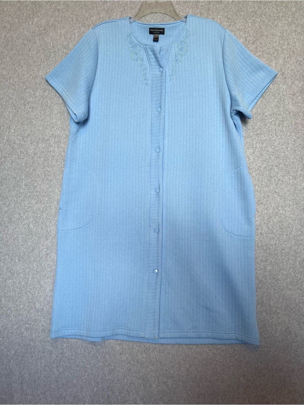 Miss Elaine Relax Blue Snap Front House Dress Lounge Robe Embroidered Pockets XL